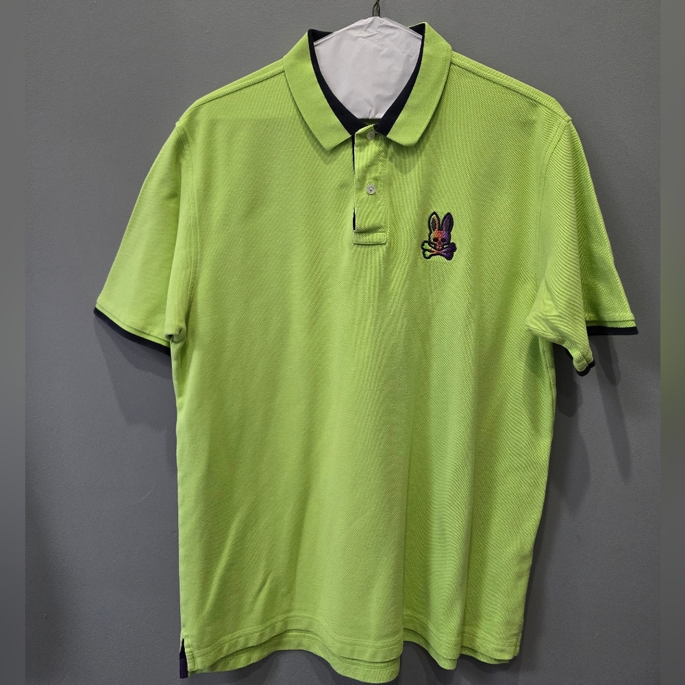 PsychoBunny Men's Lime Green Polo Shirt with Contrast Trim Rainbow Logo XXL